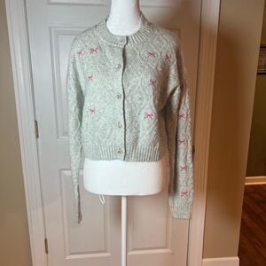 Jessica Simpson Women's Size M Grey Cardigan With Pink Bows And Jeweled Buttons